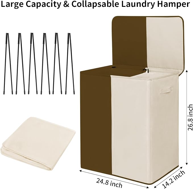 WOWLIVE Double Laundry Baseket with Lid and Removable Laundry Bags,154L Large Laundry Hamper 2 Section Collapsible Dirty Clothes Hamper for Laundry Room,College Dorm,Bathroom,Brown and Beige - Image 5