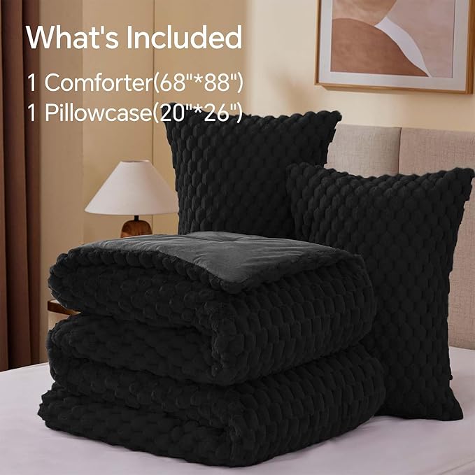 BEDELITE Fluffy Twin Comforter Set - Black Fleece Soft Comforter for Twin Size Bed, Luxury Warm Bedding Set for Winter, Fuzzy Bed Set 2 Pieces (1 Comforter, 1 Pillowcase)