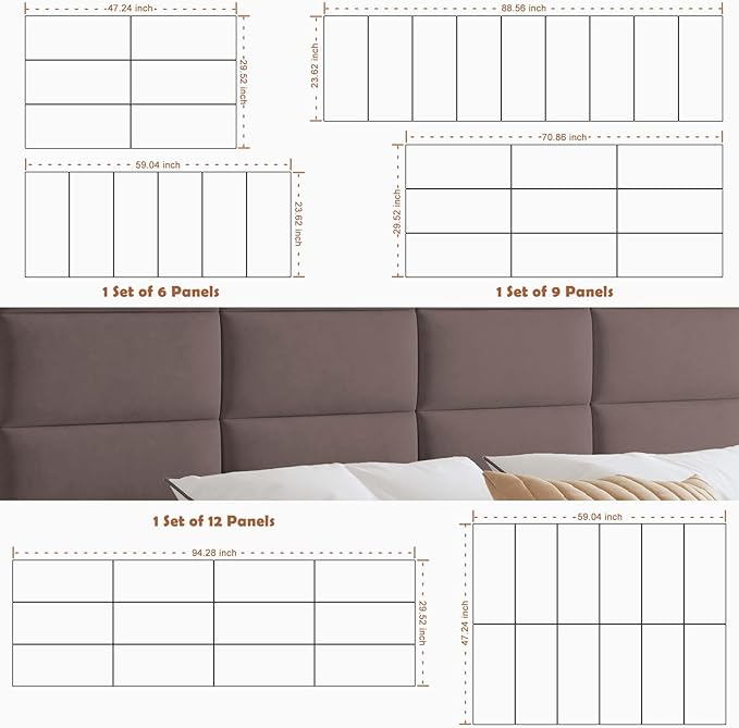 IFNOW Wall Mounted Upholstered Headboard Queen, 3D Peel and Stick Soundproof Panels, Reusable and Removable Padded Leather Bed Headboard, 9 Panels 9.84" x 23.62", Dark Skin