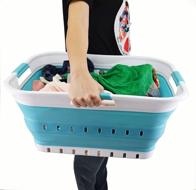SAMMART 42L Collapsible Plastic Laundry Basket - Foldable Pop Up Storage Container/Organizer - Space Saving Hamper/Basket (1, White/Bright Blue) - Image 7