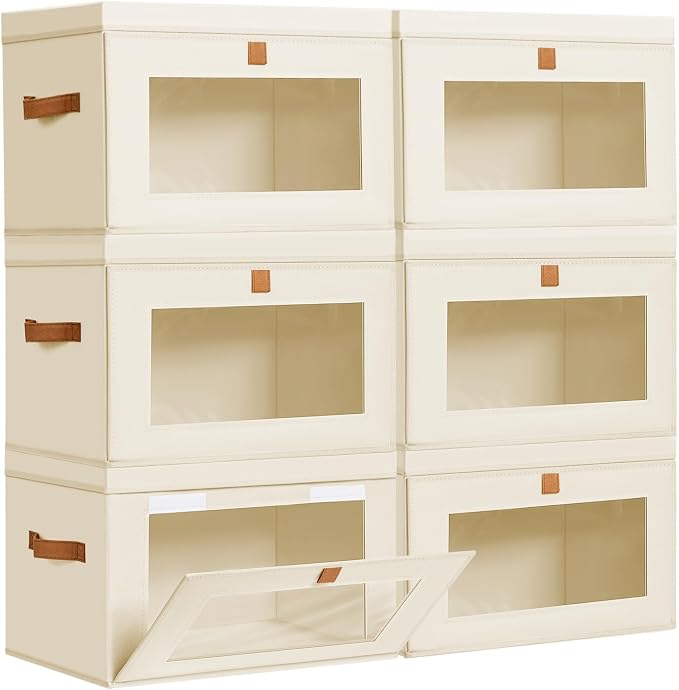 DIMJ Storage Bins with Lids - 6 Pack Large Fabric Closet Organizer with Window & Handles, Collapsible Decorative Storage Boxes for Shelves Under Bed, Books Clothes Blankets Sweaters Organization by DiMJ