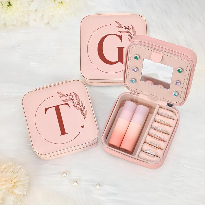 SANDJEST Personalized Jewelry Box, Pink Small Travel Jewelry Box with Initial T, Monogrammed Jewelry Case Organizer for Girls Women Teen, Mini Travel Essentials Gifts for Christmas Birthday - Image 7