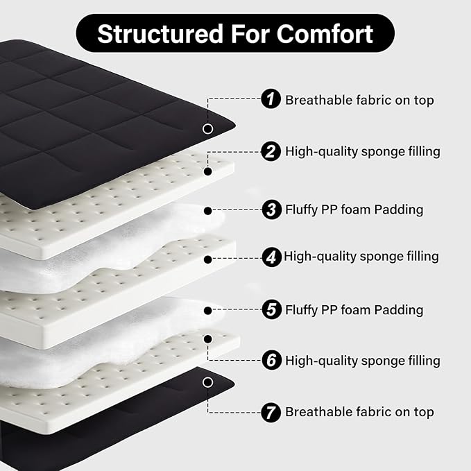 Tiita Queen Memory Foam Mattress Topper, 4" Thicken Futon Floor Mattress with Storage Bag and 2 Straps, Portable Roll Up Travel Car Camping Mattress Sleeping Pad, Black