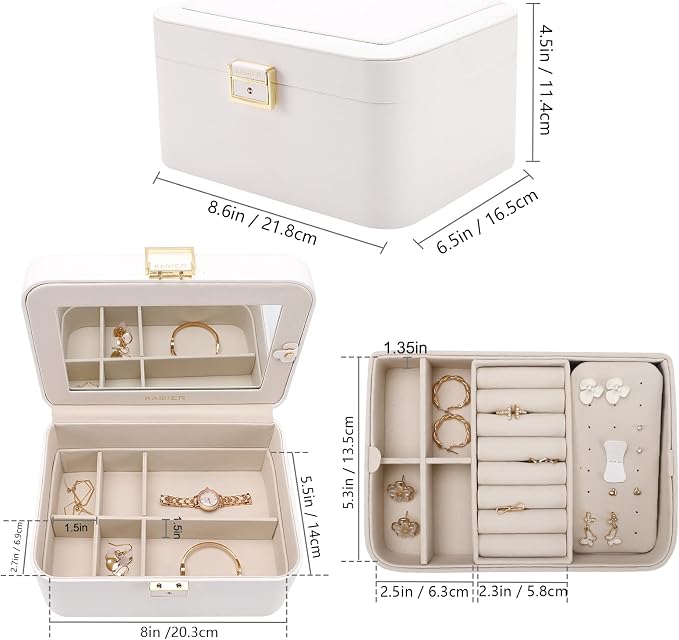KAMIER Travel Jewelry Box, 2 Layers PU Leather Portable Jewelry Organizer, Large Capacity, Double Lock and Large Mirror, Hidden Necklace Hooks, Removable Dividers, Gift Box Packaging, White - Image 6