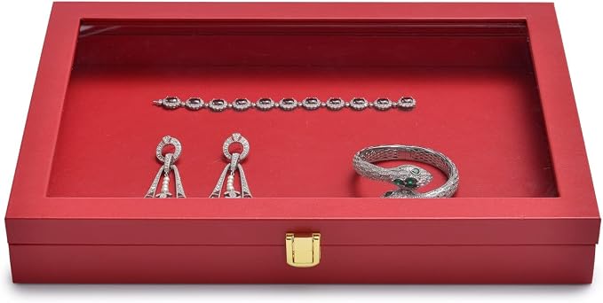 Oirlv Premium Red Leather Jewelry Tray with Acrylic Lid Jewelry Organizer Case Showcase Jewelry Display Organizer Box - Image 3