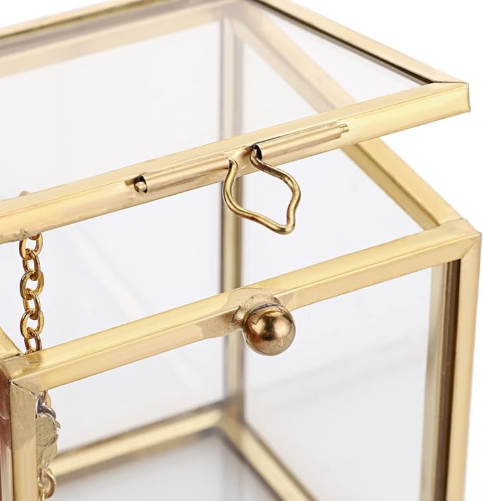 Hipiwe 2 Packs Vintage Glass Jewelry Organizer Box - Small Golden Metal Keepsake Box Desktop Jewelry Organizer Holder, Wedding Birthday Gift, Square Vanity Decorative Box for Dresser Bathroom - Image 4