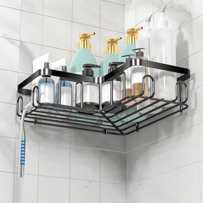 Moforoco Corner Shower Caddy Shelf Organizer Rack, Self Adhesive Black Bathroom Shelves Basket, Home Wall Shower Inside Organization and Storage Decor RV Accessories, First Apartment Essentials - Image 3