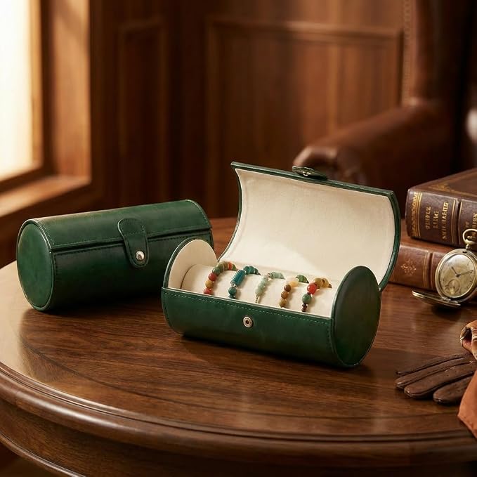 Jewelry Box for Bracelets – Vintage Leather Cylindrical Bangle Box Large Capacity Organizer for Cuffs, Bead Bangles, Travel Storage Case - Image 5