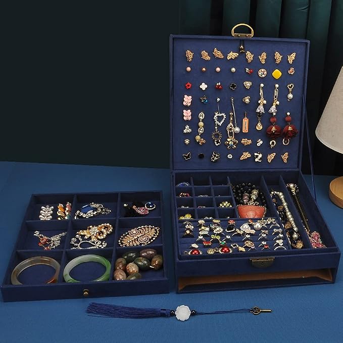 Women Jewelry Box Lockable 3 Layers Large Jewelry Organizer Storage Case for Earrings Necklaces Rings Bracelets,Green Display Jewel Holder (Navy) - Image 4