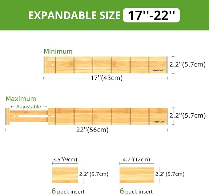 ANTOWIN 4 Pack Expandable Drawer Dividers, 2.2'' High, Extend from 17'' to 22'', Dresser Drawer Organizers, Bamboo Separators for Kitchen, Bedroom, Office, Bathroom, with 12 Pack Divider Inserts - Image 4