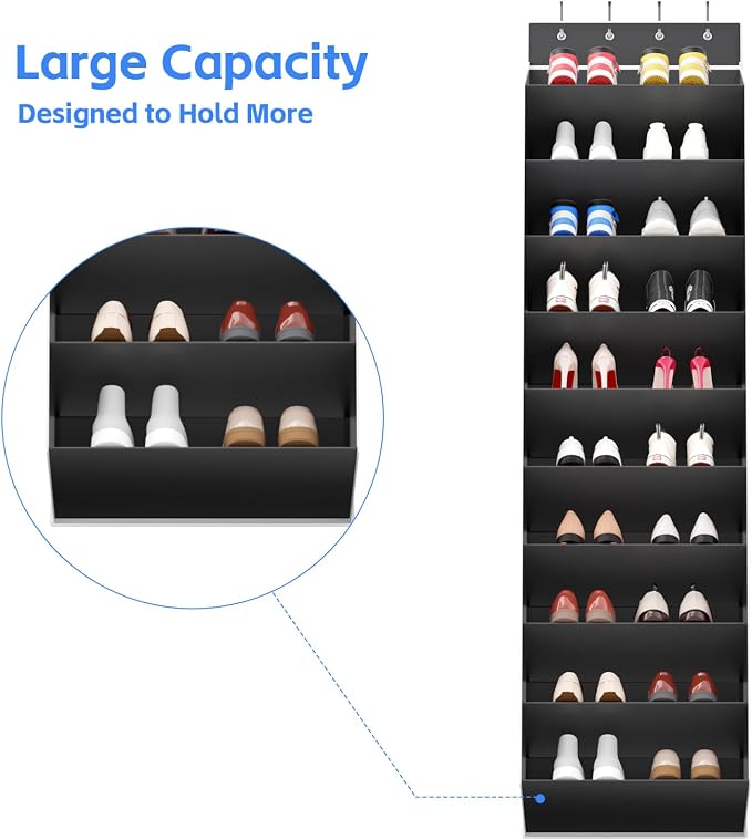 REGELETO 10 Tiers Large Size Over the Door Shoe Organizer Storage, Hanging Shoe Rack for Door with Deep Pockets, Fit 20 Pairs Shoe Organizer Holder for Sneakers and Boots (Black) - Image 4