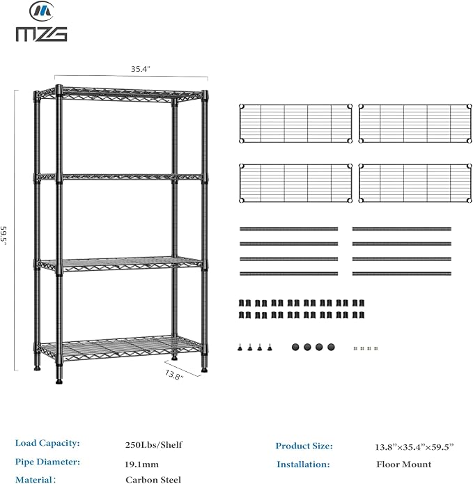 M MZG 1000 lbs 4 Tier Shelf Metal Storage Shelves Shelving Wire Rack Heavy Duty Closet Organizers for Garage Kitchen Bathroom Laundry Black 13.8" D x 35.4" W x 59.5" H - Image 3