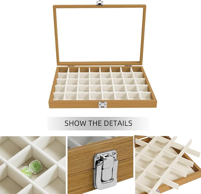 Stratalife Jewelry Organizer 40 Grid Jewelry Trays with Clear Lid Wood Earring Organizer Ring Holder Accessories Box Necklaces Earrings Storage for Women Drawers Vintage Style Beige - Image 2