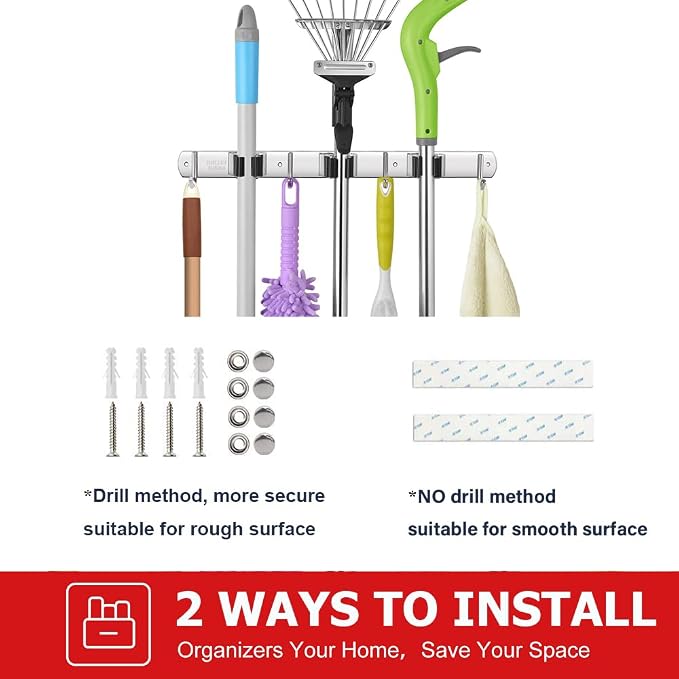 IMILLET Broom Holder Wall Mounted, Stainless Steel Broom and Mop Holder Self Adhesive Broom Organizer Heavy Duty Hooks Storage Organizer for Home Laundry Room Garden Garage Closet Kitchen (1 Pack) - Image 7