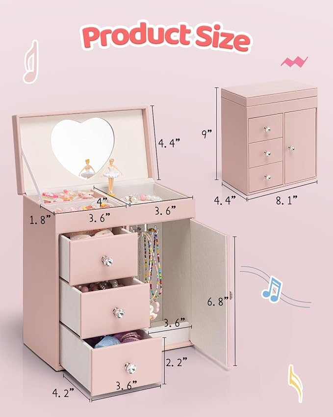 VLANDO Musical Jewelry Box for Girls, Large Kid Music Box with Ballerina for Birthday Bedroom Decor, 4 Layer Girl Jewelry Gifts for Girls Kids - Pink - Image 3