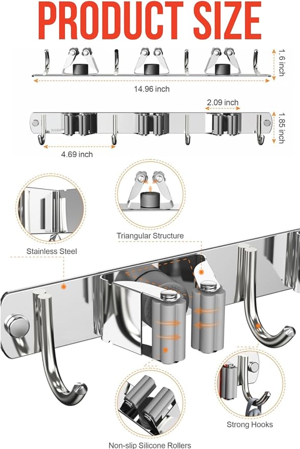 Mop and Broom Holder Wall Mount, Upgraded Broom Hanger Wall Mount, Stainless Steel Broom Organizer for Closet Garage Laundry Room Kitchen Wall Decor(3Racks 4Hooks Silver) - Image 4