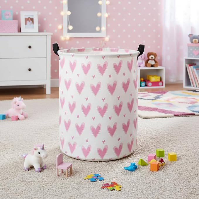 HIYAGON Baby Laundry Basket Baby Hamper for Nursery Girl Kids Butterfly Hamper Cute Kids Toys Storage Bin Organizer Butterfly Room Decor for Home(Pink Hearts) - Image 6
