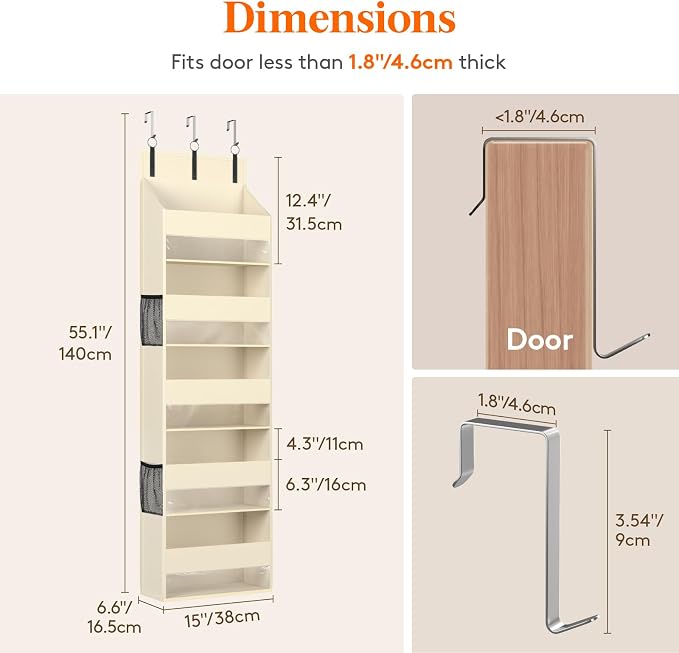 Lifewit 1 Pack Over the Door Organizer, Clear Window Hanging Storage with 4 Side Pockets, Anti Tilt 40 lbs Load Behind Door for Pantry, Nursery, Bathroom, Bedroom, Dorm, 5 Section, Beige - Image 2