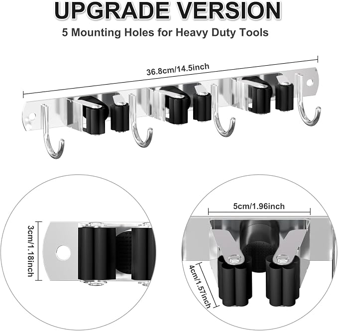 HANZENMA Broom Holder Wall Mount, Broom Organizer Wall Mount Stainless Steel Broom and Mop Hanger Heavy Duty Storage Organization for Home Kitchen Garden Garage Room 3 Racks 4 Hooks Black - Image 2