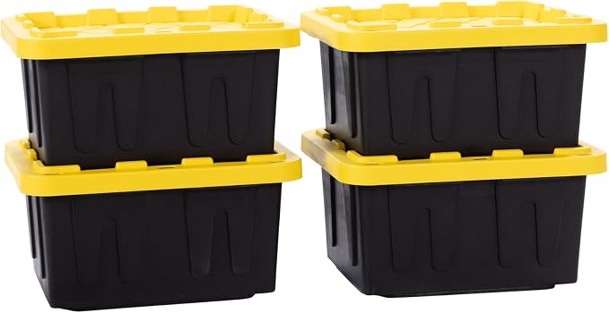 Plastic 5-Gallon Storage Tote with Lockable Lid, Stackable Tough Regular-Duty Bin for Garage, Tools, and Home Organization (4-Pack) - Black and Yellow - Image 8