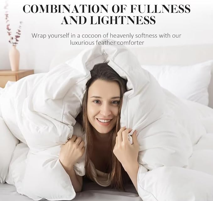 WhatsBedding Feather Down Fiber Comforter King Size, All Season White Down Feather Duvet Insert, Luxury Fluffy Ultra Soft Bedding Comforter,100% Cotton, 106"x90"