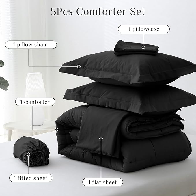 JOLLYVOGUE Twin Comforter Set, Ultra-Soft Bed in a Bag Twin Size 5 Pieces, Oeko-TEX Certified Bedding Set with Down Alternative Comforter, Sheets, Pillowcases & Shams, Black