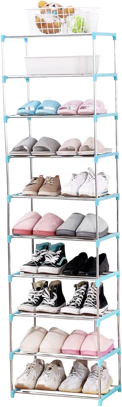 Jucaifu Stackable Small Shoe Rack, Entryway, Hallway and Closet Space Saving Storage and Organization (10-Tier, Blue) by Jucaifu