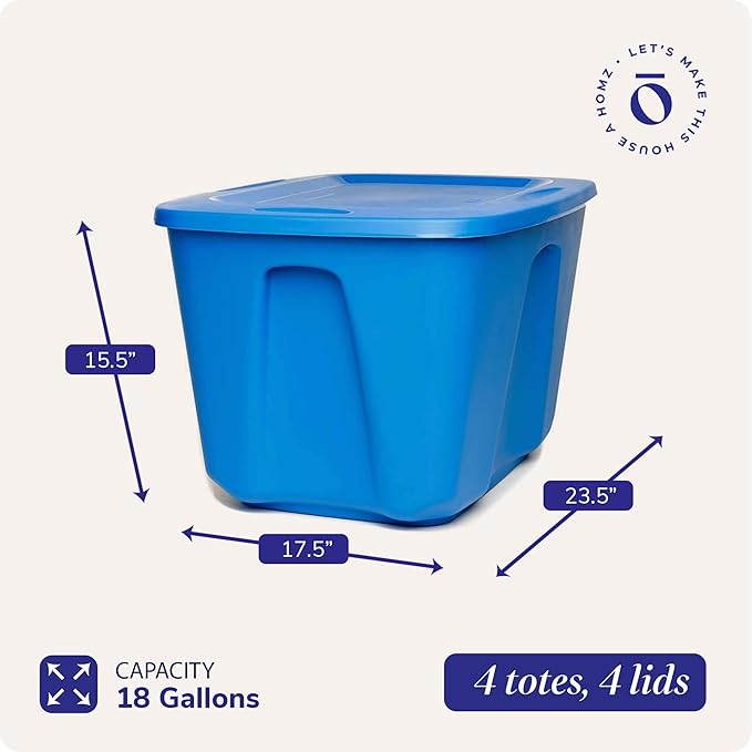 HOMZ 4-Pack Durable Molded Bin, Plastic Storage Containers w/Lids, 18 Gallon, Blue - Stackable Organizer Totes and Boxes for Bedroom, Kitchen, and Garage Organization