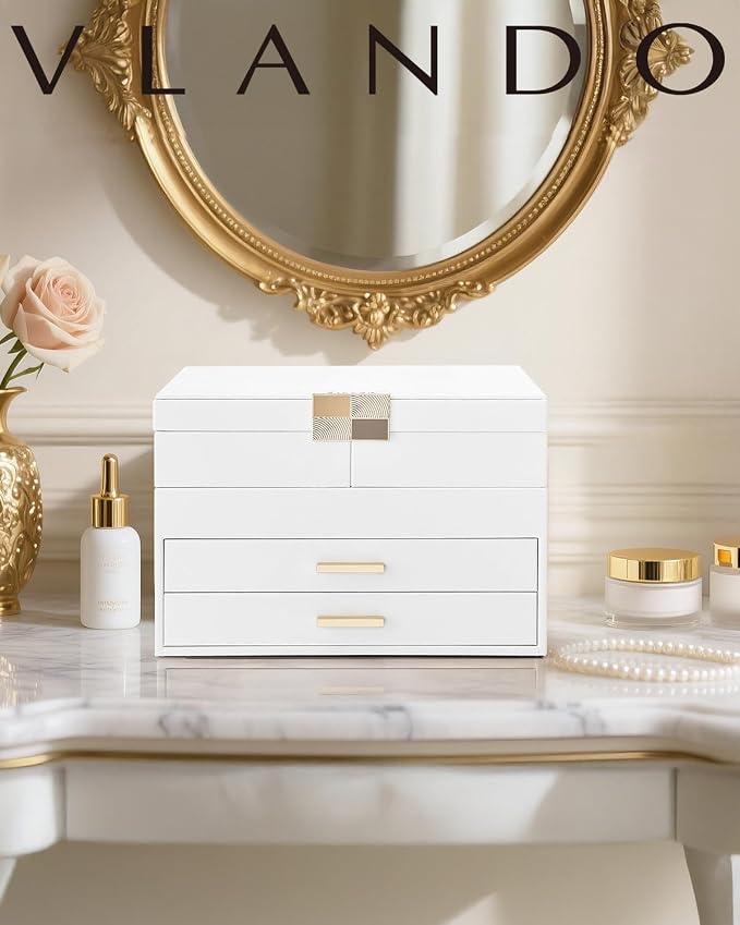 VLANDO 4 Layers Jewelry Box - Women Jewelry Box with Retractable Tray - Jewelry Organizer with Drawer for Necklaces, Rings, Bracelets, Earrings, Gift for Couples Mom Girls - White - Image 7