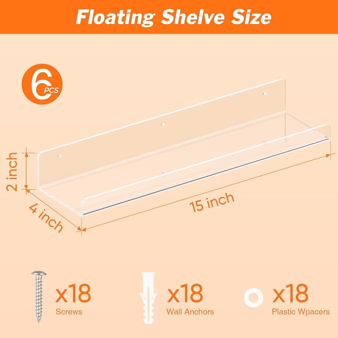 Dooiclear 6 Pack Floating Shelves for Wall, 15" Clear Book Shelf, Acrylic Floating Wall Shelf, Display Shelves Organizer for Bathroom, Classroom, Bedroom, Living Room, Kitchen, Room Decor - Image 3