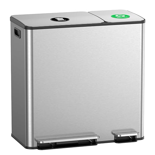 Lovewind Dual Trash and Recycling Bins for Kitchen, 13+6 Gallon Stainless Steel Garbage and Recycle Bin Combo for Large Families, Dual Trash Can with Soft Close Lid & Magnetic Stickers, Silver by LOVEWIND