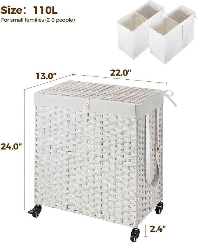 Greenstell Laundry Hamper with Wheels, No Install Needed, 110L Divided Handwoven Hampers & 2 Removable Liner Bags, Rattan Clothes Laundry Basket with Lid & Handles, Foldable Hampers White - Image 5