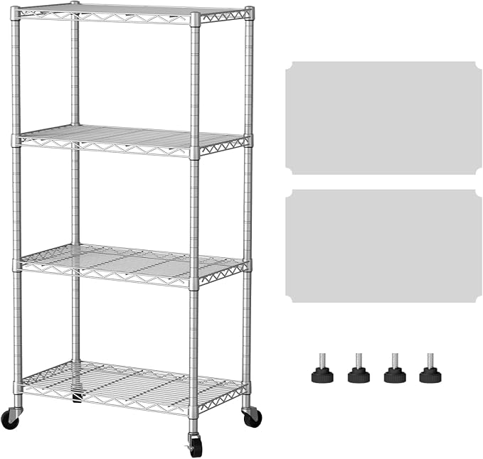 SINGAYE 4 Shelf Storage Wire Shelves Closet Bathroom Organizers Metal Pantry Kitchen Garage Shelving Unit Laundry Room Organization Home Narrow Rack Net Basket with Wheels Silver by SINGAYE