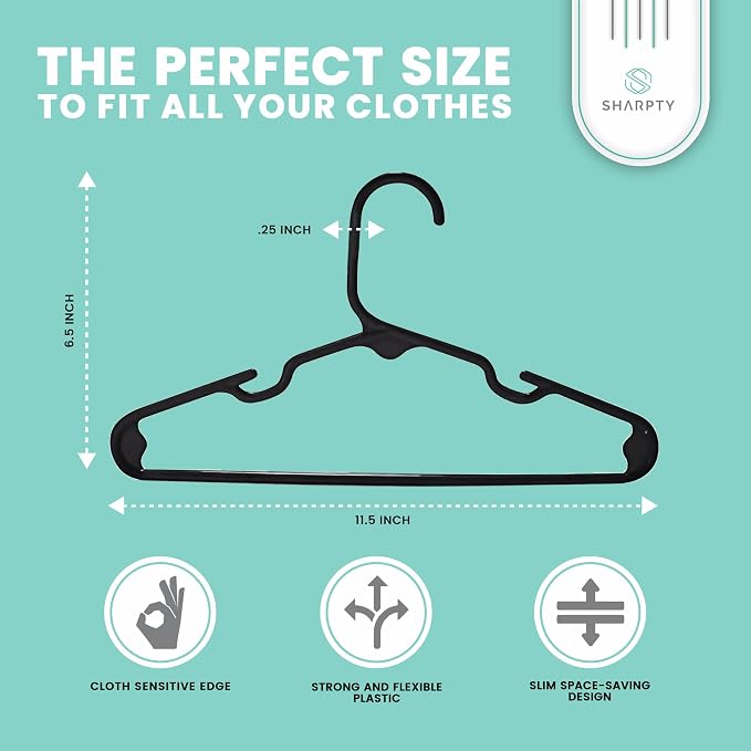 Sharpty Kids Plastic Hangers, Children's Hangers for Baby, Toddler, and Child Clothes - Everyday Standard Use - Ideal for Boys and Girls Closet, Clothing, Pants, Coats, and More - Black, 40 Pack - Image 2