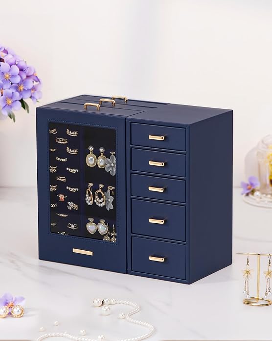 Homde Large Jewelry Box/Organizer/Case with Glass Window, Drawers for Necklaces Earrings Rings Bracelets Watches Gift for Women Girls - Image 8