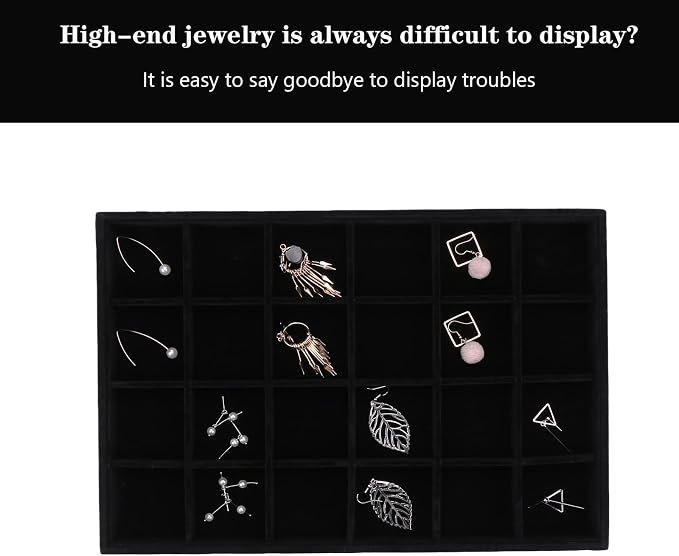 Large Velvet Jewelry Tray, Drawer Organizer for Jewelry in Dresser, Stackable Jewelry Drawer Organizer Inserts for Earring Necklace Bracelet Rings(Black,24grid) - Image 4