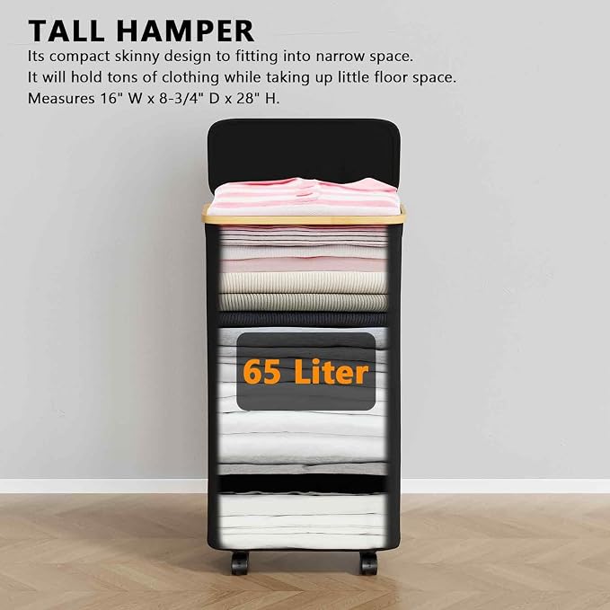 SpaceAid Slim Laundry Hamper with Wheels and Lid,62L Rolling Narrow Clothes Basket with Bamboo Handle, Large Laundry Hamper for Bedroom, Bathroom, Dorm, Laundry Room - Black - Image 2