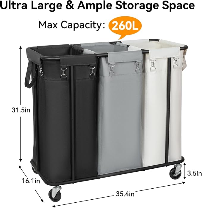 WOWLIVE Laundry Hamper with Wheels 260L Rolling Laundry Basket 3 Section Organizer Laundry Cart with Steel Frame and Removable Bags Large Dirty Clothes Hamper Dorm Room Storage for Bedroom - Image 4