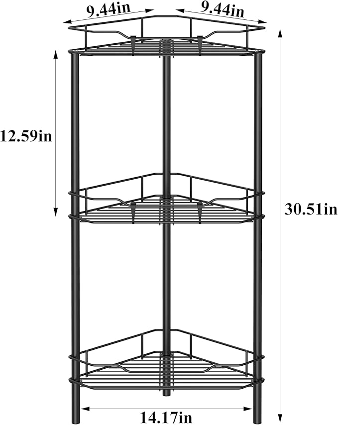 HuggieGems 3 Tier Floor Standing Corner Shower Caddy Organizer Shelf with Hooks, Bathroom Shelves Stand Rack, Black - Image 7