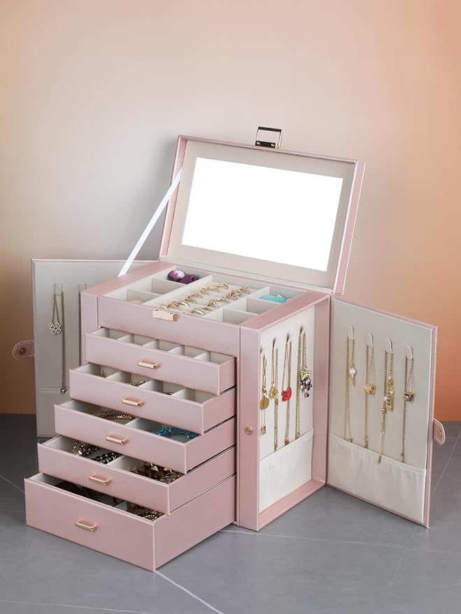 BOOVO Jewelry Box For women, 6 Layer Large Jewelry Organizer With Mirror, Multi-Function Storage Box With Lock, Necklace Holder With 5 Drawers, For Earrings Necklace Bracelet (Rose Gold and Gold) - Image 7