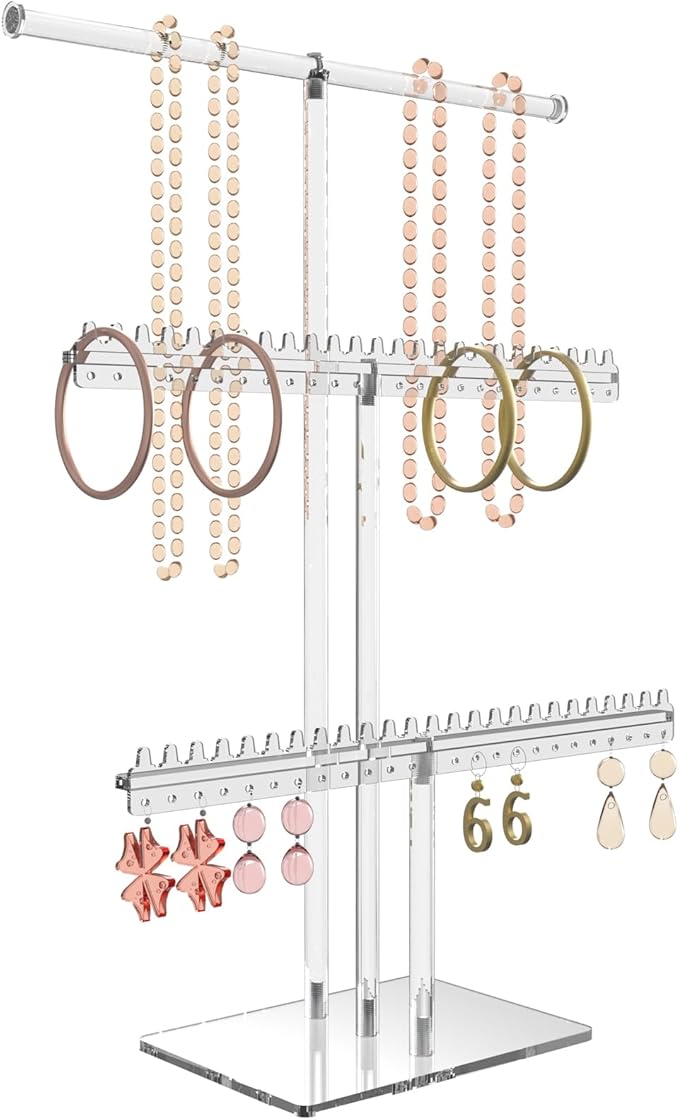 lengnoyp Premium Jewelry Stand, Earring Holder, Necklace Holder Stand, Clear 3-Tier Acrylic Large Storage Jewelry Organizer Stand & Bracelet/Bangles Stand, 48 Earring Holes Display Stands by lengnoyp