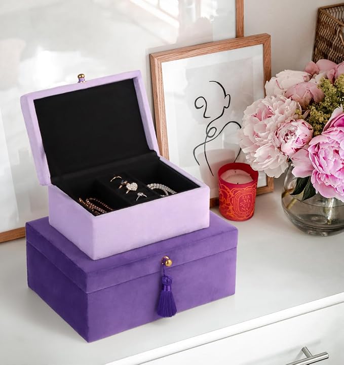 HofferRuffer Velvet Jewelry Boxes Decorative Boxes, Storage Accessory Organizer Boxes with Elegant Handle Decor, Classic Velvet Set of 2 Pieces (Purple) - Image 3