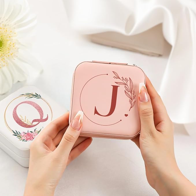 SANDJEST Personalized Jewelry Box, Pink Small Travel Jewelry Box with Initial J, Monogrammed Jewelry Case Organizer for Girls Women Teen, Mini Travel Essentials Gifts for Christmas Birthday - Image 4