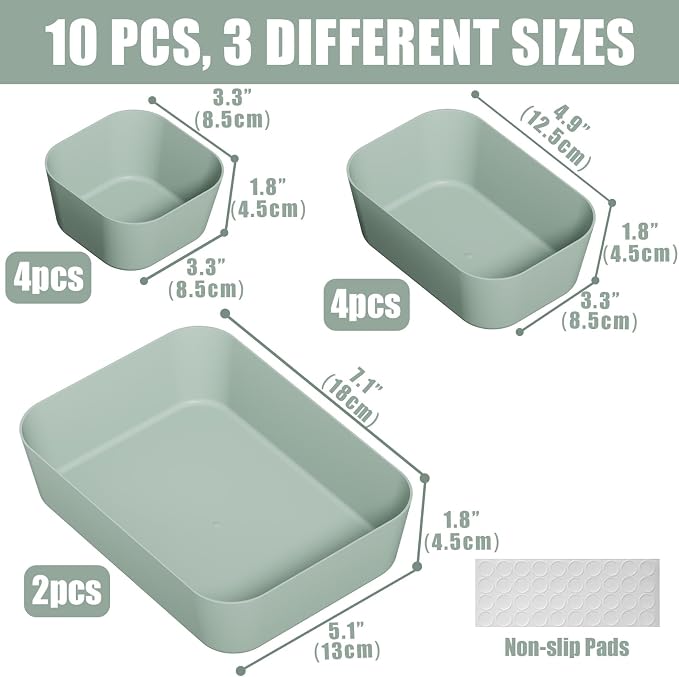 Plastic Drawer Organizers, 10 PCS Drawer Organizer Bins, Bathroom and Vanity Organizer Plastic Tray, Makeup organizer and storage for Makeup, Bedroom, Kitchen Gadgets Utensils and Office (Green) - Image 2