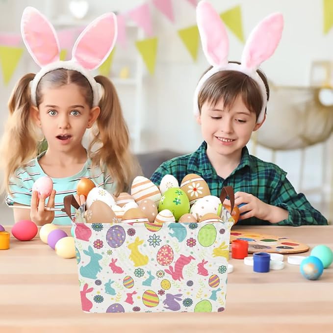 CLOCOR Easter Eggs Basket Empty with Colorful Eggs-pattern,Rectangular Easter Gift Basket with Handles for Boys and Girls,Toys Bin,Room Decor(Easter Eggs Basket) - Image 3