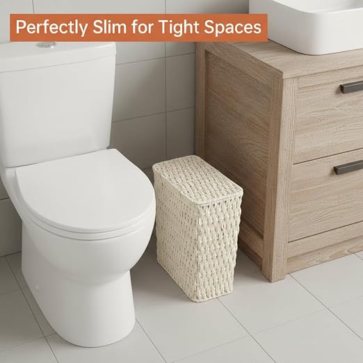 Coeusy 3 Gallon Paper Rope Bathroom Trash Can,Small Wicker Trash Cans with Lid and Liner,Woven Rattan Narrow Waste Basket for Bedroom,Office,White - Image 2