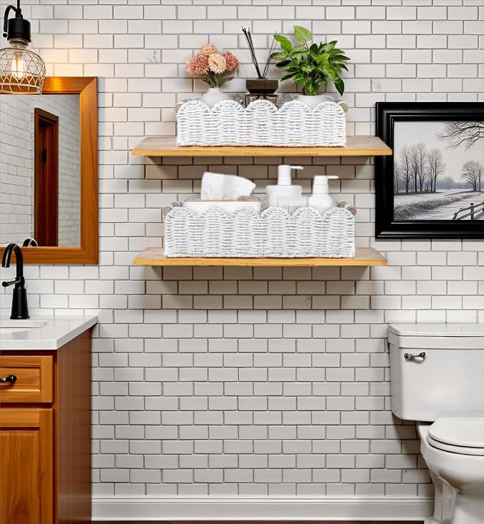 CubesLand Toilet Paper Storage Basket, Scalloped Edge Shelves Basket for Organizing for Over Toilet Tank Storage, Home Decor Baskets for Shelf, Countertop, Living Room, Bedroom, Handwoven, White - Image 5