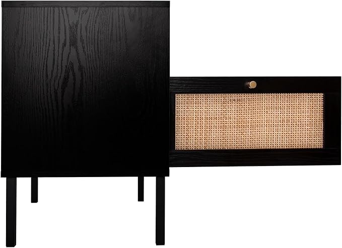 Angel Sar Rattan Night Stand Set 2, Boho Bedside Table Black Nightstand with Rattan Door, Storage Cabinet, Open Storage Space & Sturdy Metal Legs, Accent Bed Side Table, Wood End Tables Bedroom