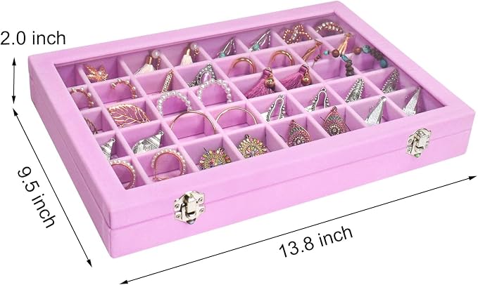 Siveit Velvet Jewelry Tray 48 Grid Jewelry Display Tray Organizer Box with Transparent Lid Rings Earrings Necklaces Pendants Display Box Suitable for Women and Girls (Pink) - Image 3