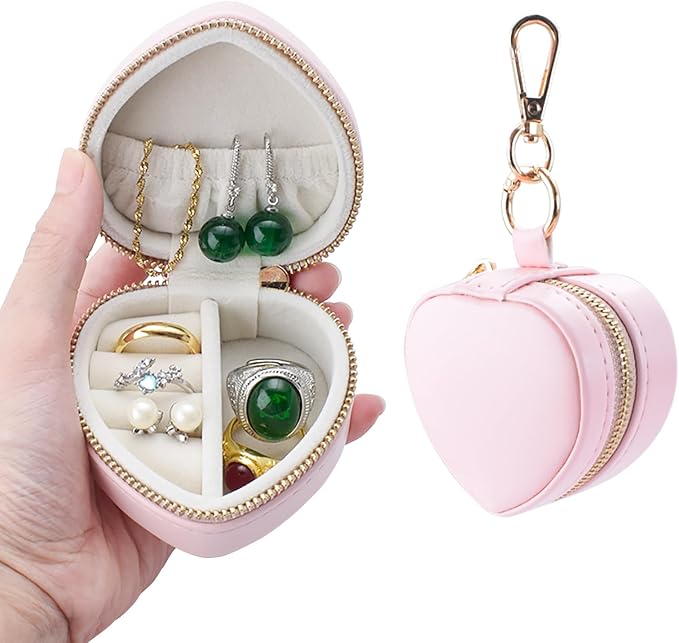Heart Shape Ring Holder Keychain, Mini Travel Jewelry Case for Wedding Ring, Sports & Vacation, Portable Zipper Clutch Organizer for Earrings Necklace, Premium Gift for Women Girls (Pink) by Unknown